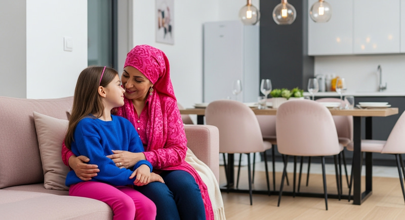 Cozy Moments: Mother and Child in a Warm Living Room Cozy Moments: Mother and Child in a Warm Living Room