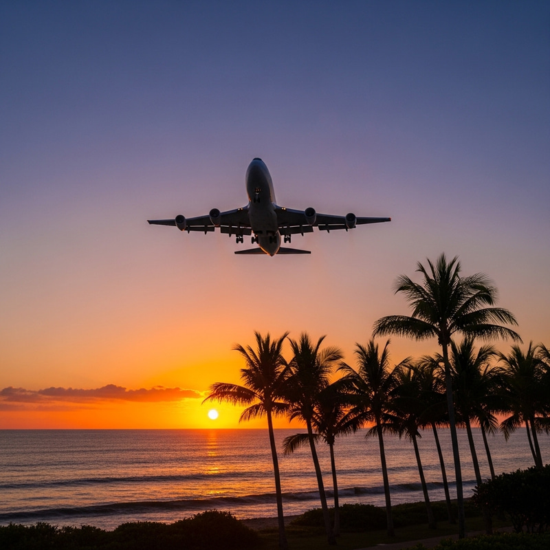 Airplane Flight Over Sea and Palm Trees