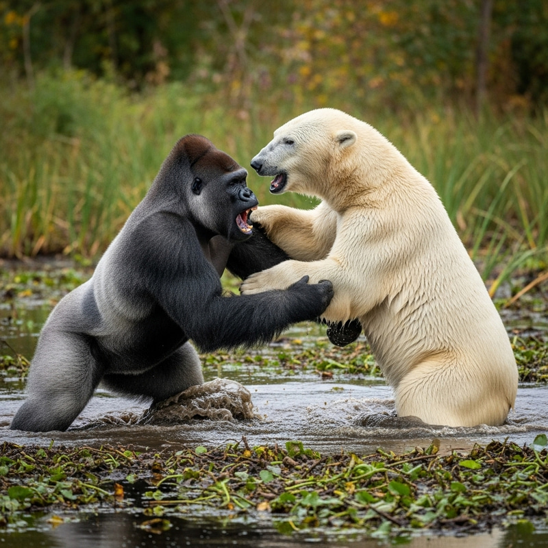Intense Gorilla and Polar Bear Wrestling Display in Swamp Intense Gorilla and Polar Bear Wrestling Display in Swamp