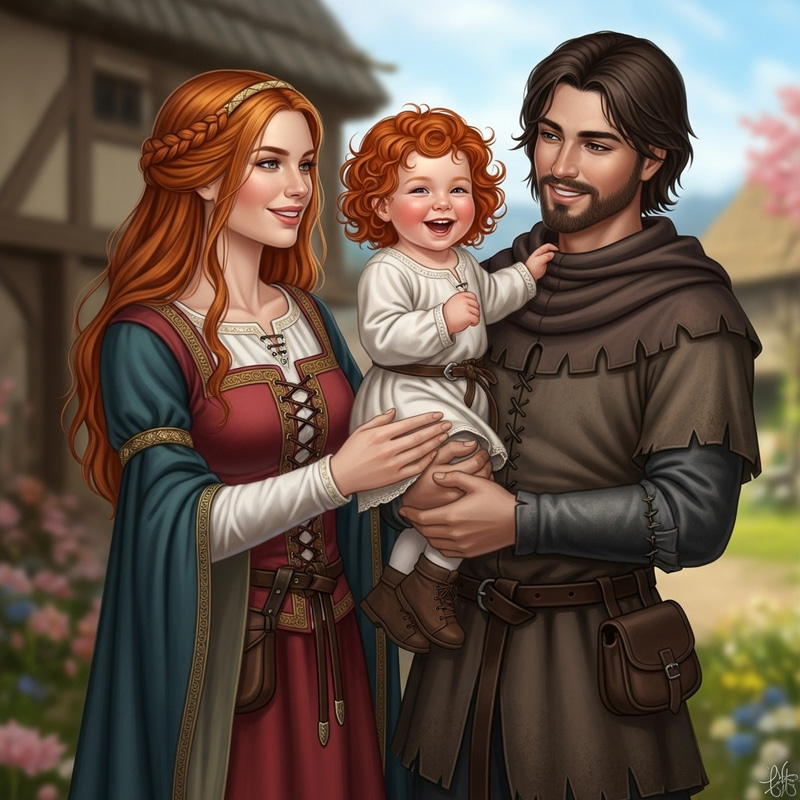 Medieval Family Portrait: Redheaded Mother, Brunette Father, and Toddler Daughter in Medieval Attire Medieval Family Portrait: Redheaded Mother, Brunette Father, and Toddler Daughter in Medieval Attire