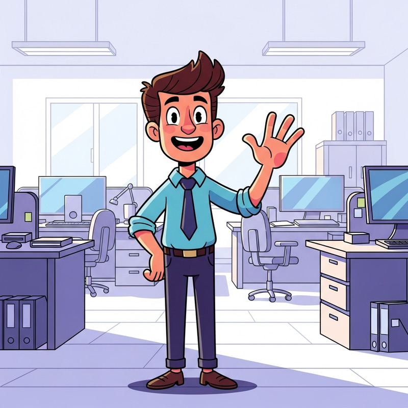 Welcoming Cartoon Character in Office Setting