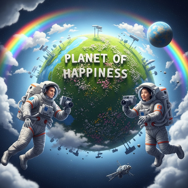 Planet of Happiness: Two Astronauts in Enchanting Space Scene