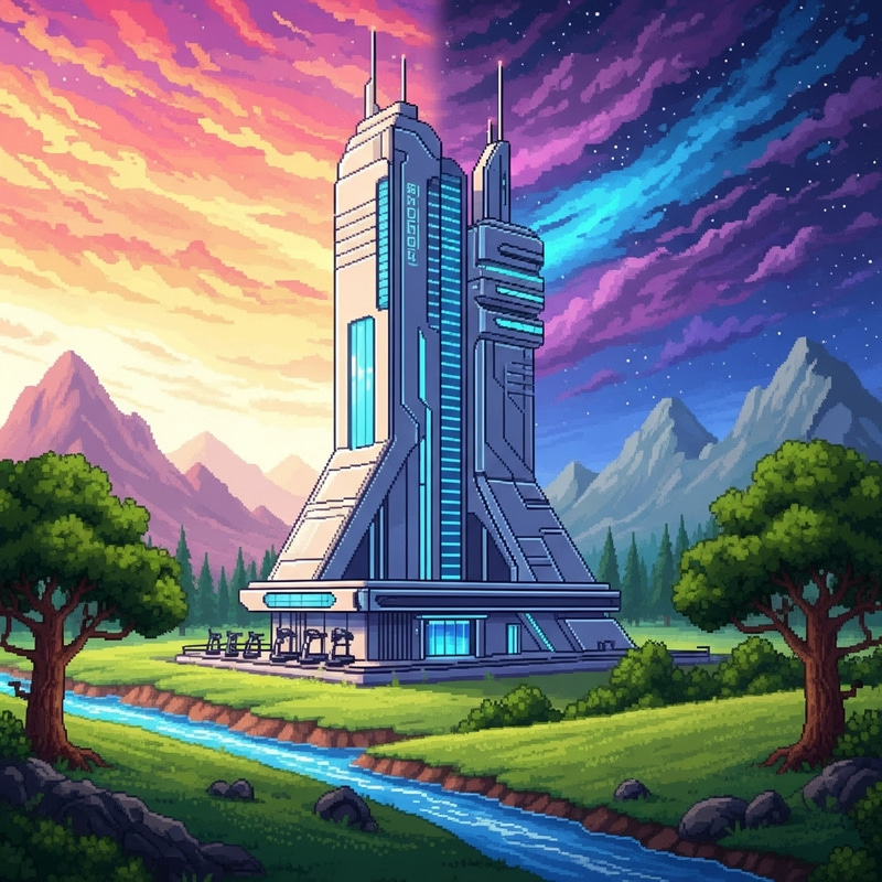 Retro Pixel Art Gym Building in Majestic Landscape