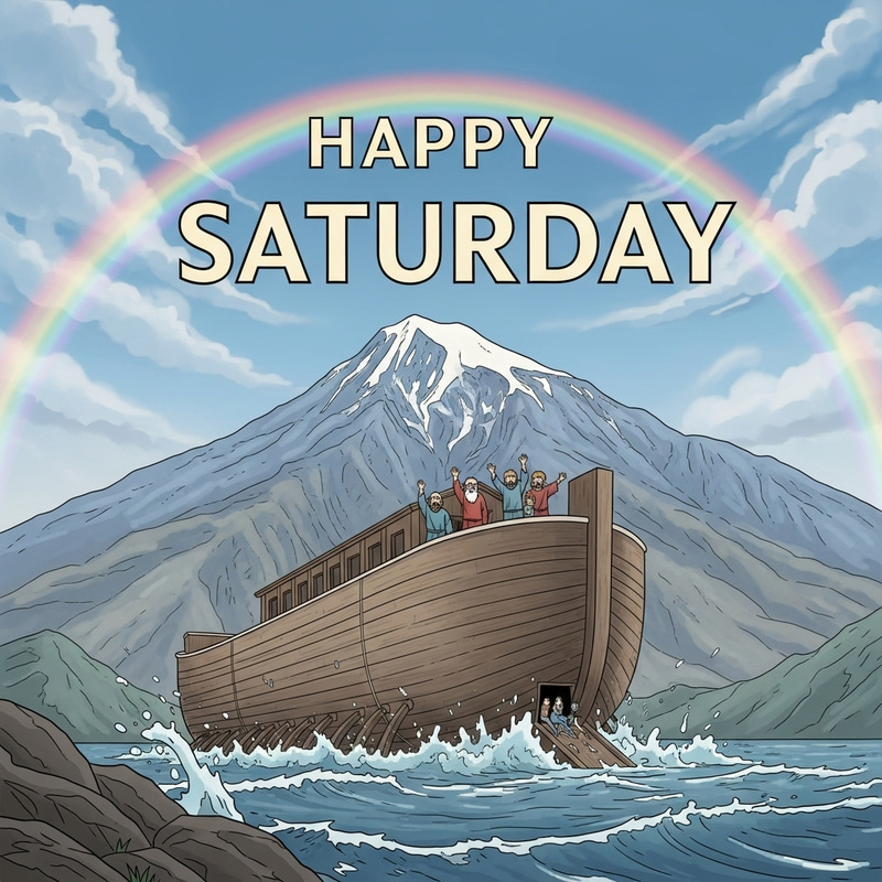 Happy Saturday: Noah Arrives at Mount Ararat with the Ark After the Flood Happy Saturday: Noah Arrives at Mount Ararat with the Ark After the Flood