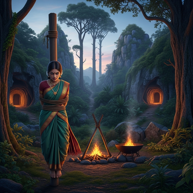 South Asian Girl in Saree Tied to Pole in Prehistoric Era South Asian Girl in Saree Tied to Pole in Prehistoric Era