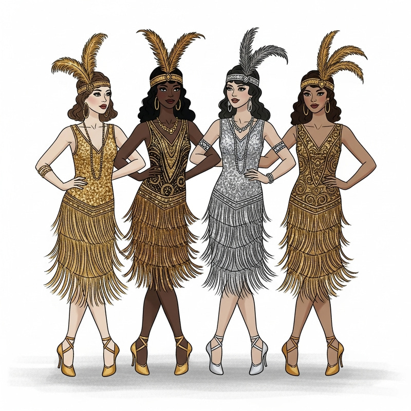 Dynamic 1920s Dance Ensemble Sketch with Four Female Dancers Dynamic 1920s Dance Ensemble Sketch with Four Female Dancers