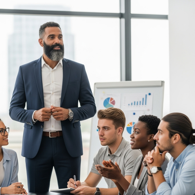 Confident Leader Addressing Diverse Team | Professional Setting