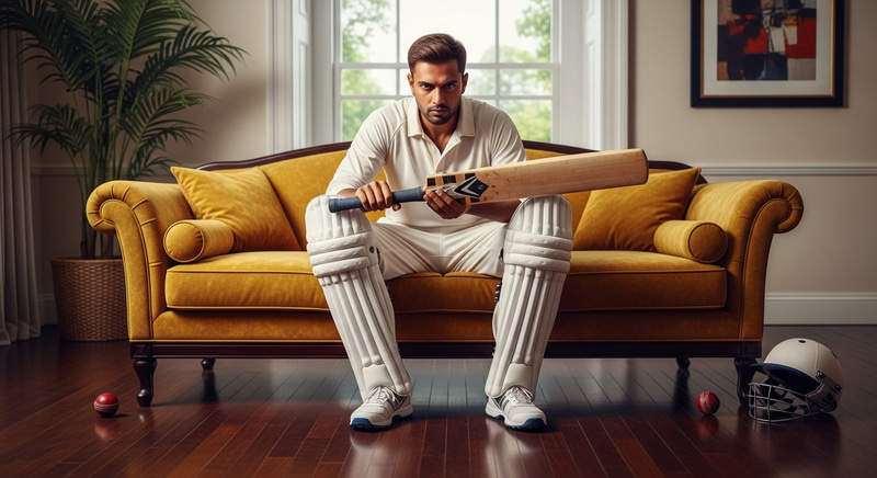 Golden Sofa with Cricketer Watching Bat - Scene Description Golden Sofa with Cricketer Watching Bat - Scene Description