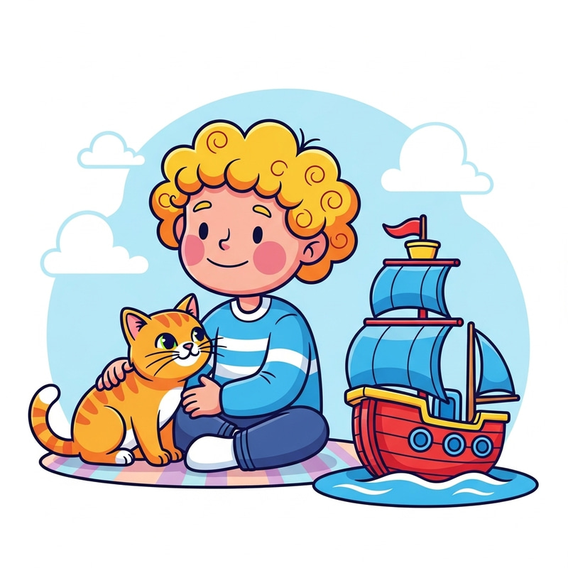 Cheerful Boy with Red Lips Playing with Cat and Ship Toy Cheerful Boy with Red Lips Playing with Cat and Ship Toy