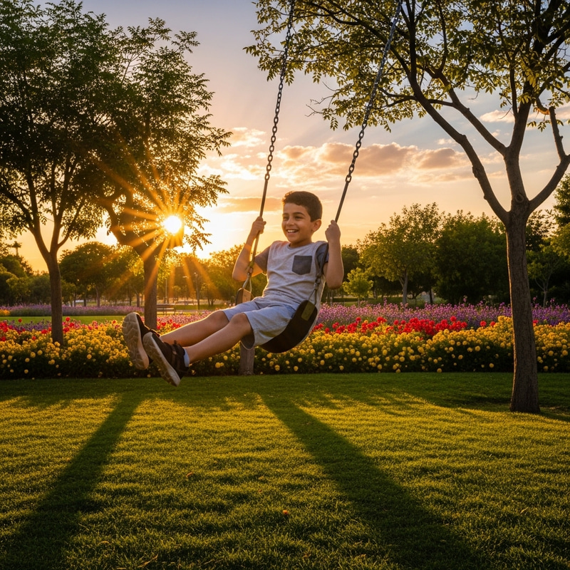 Child Playing in Park at Sunset