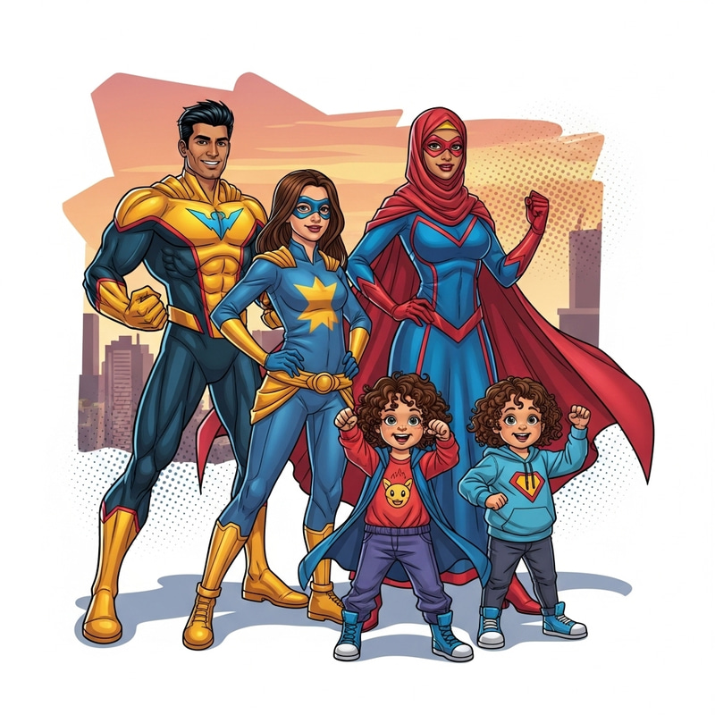 Superhero Family of Four: Vibrant Comic Book Illustration Superhero Family of Four: Vibrant Comic Book Illustration