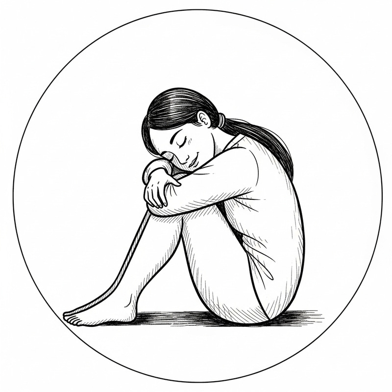 Round Sketch of Smiling Person Sitting in Profile Position