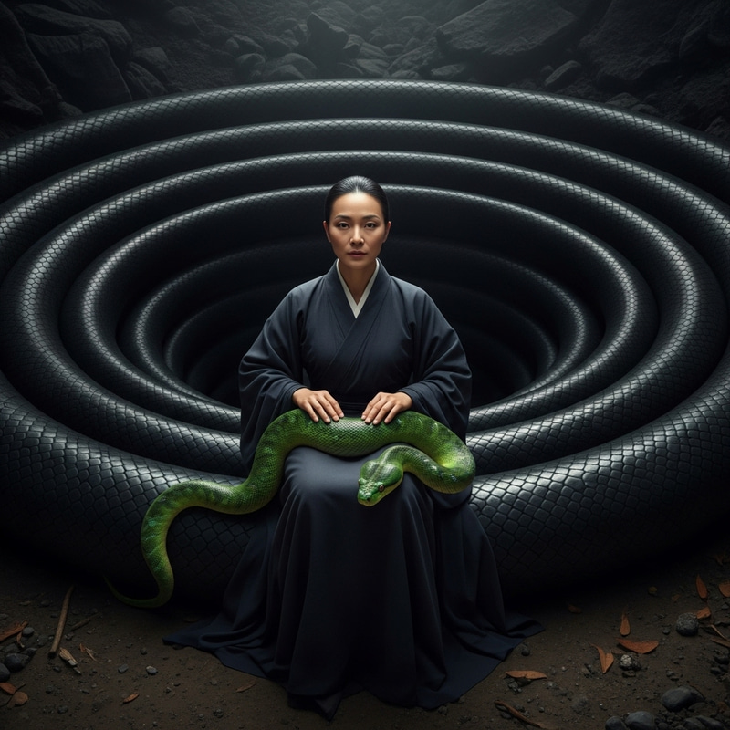 Woman in Dark Pit with Snake: A Surreal Scene Woman in Dark Pit with Snake: A Surreal Scene