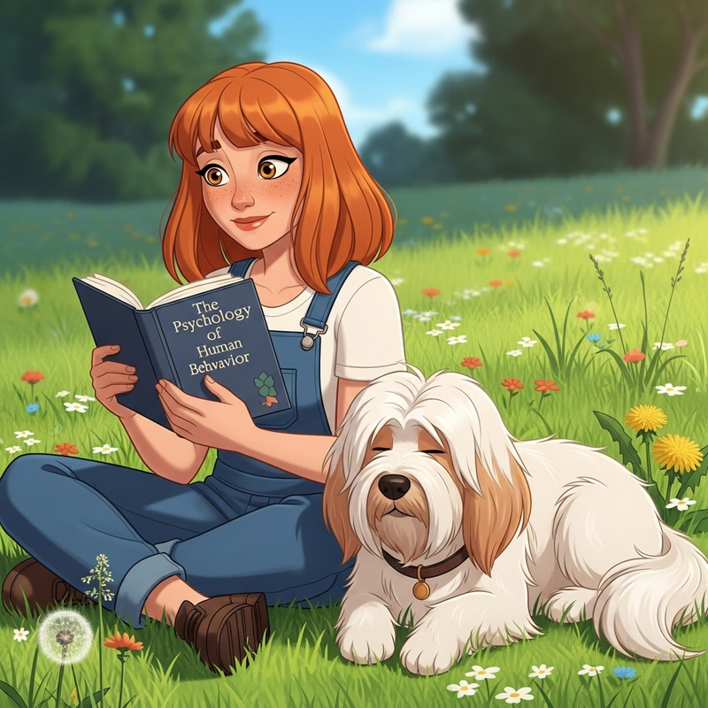 Redhead Woman in Pixar Style Reading Psychology Book with Tibetan Terrier in Nature