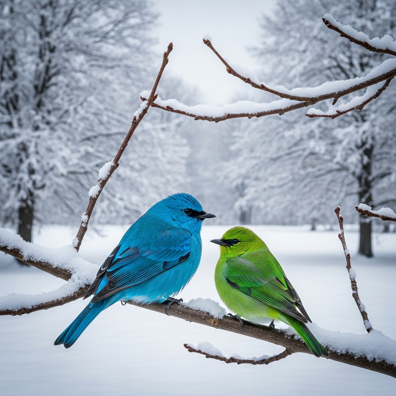 Vivid Blue and Green Birds in Winter Wonderland