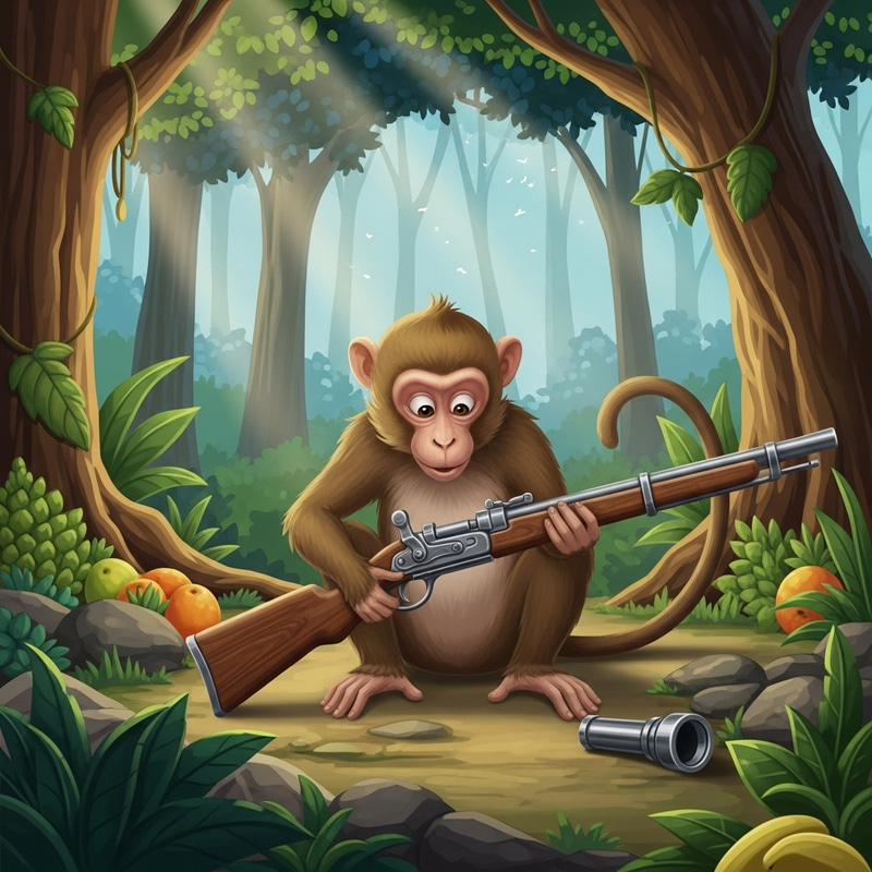 Intelligent Monkey and Vintage Gun in Serene Forest Intelligent Monkey and Vintage Gun in Serene Forest