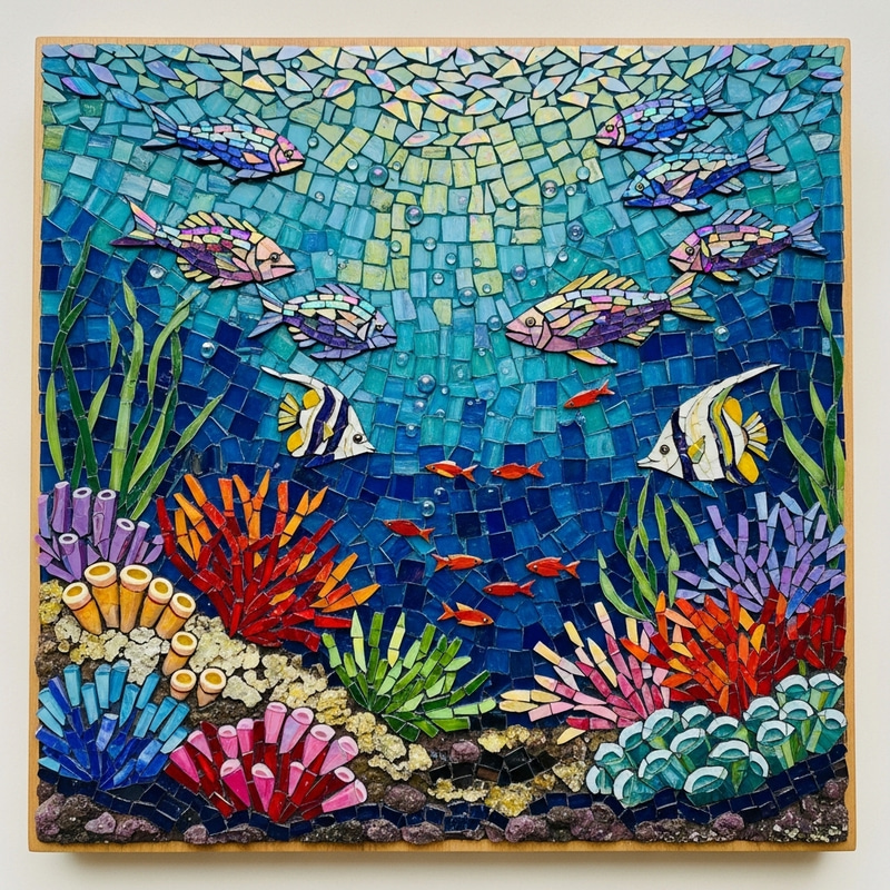Vibrant Underwater Glass Mosaic - Dazzling Marine Artwork Vibrant Underwater Glass Mosaic - Dazzling Marine Artwork