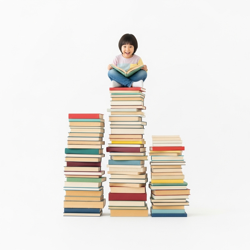 High Stacks of Books with Child Sitting - Minimalist Scene High Stacks of Books with Child Sitting - Minimalist Scene