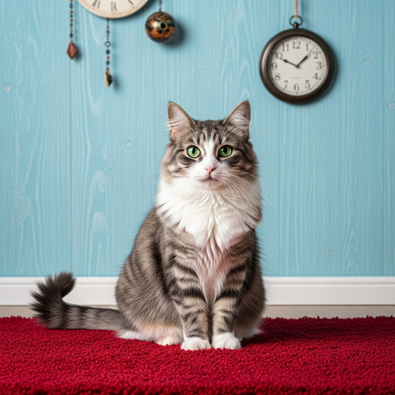Fluffy Gray and White Cat on Red Rug | Peaceful Feline Moment Fluffy Gray and White Cat on Red Rug | Peaceful Feline Moment
