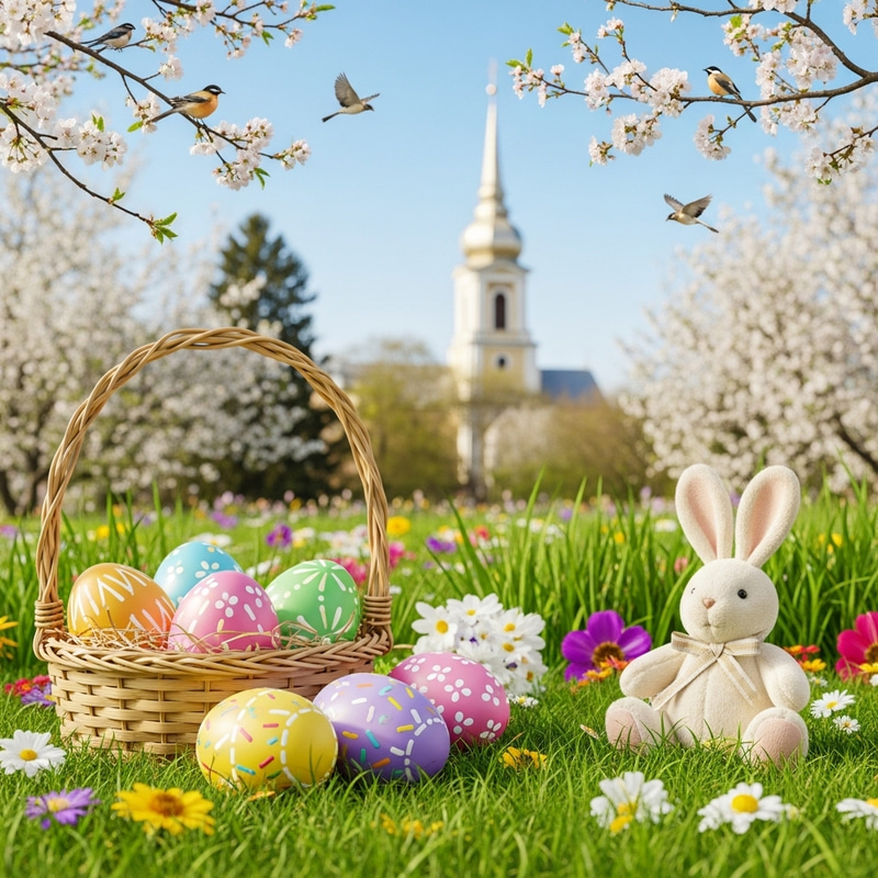 Vibrant Easter Scene with Plush Bunny in Enchanting Garden Vibrant Easter Scene with Plush Bunny in Enchanting Garden