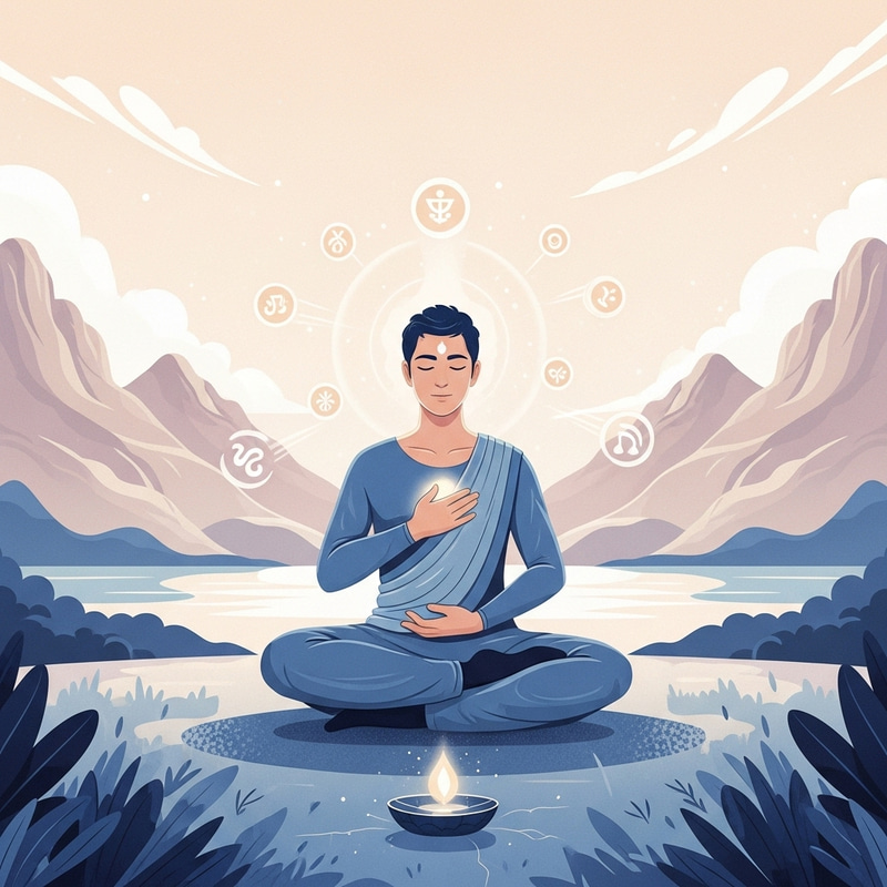 Serene Meditation Scene with Universal Descent Figure