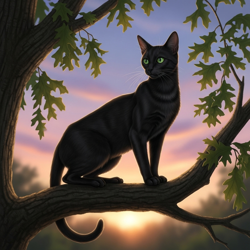 Domestic Shorthaired Cat on Oak Tree - Cute Feline Image Domestic Shorthaired Cat on Oak Tree - Cute Feline Image