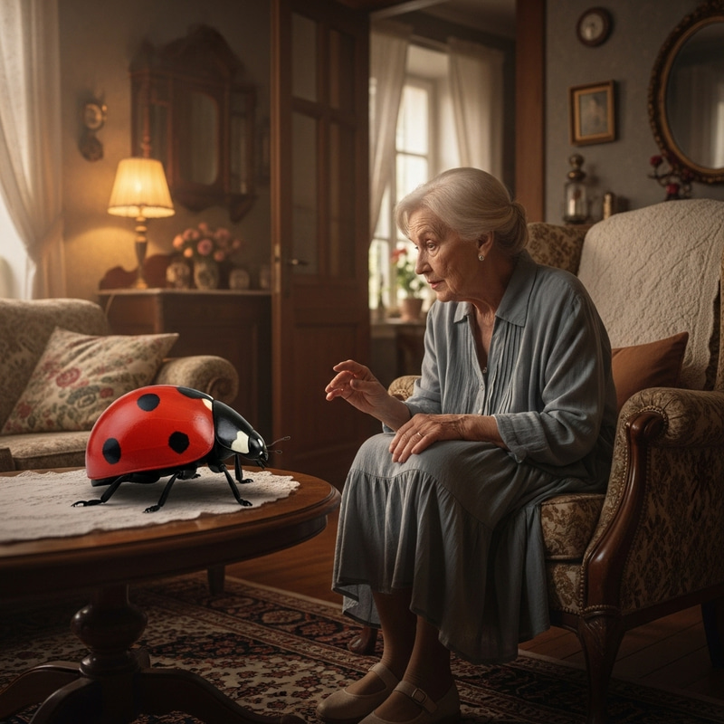 Enchanting Encounter: Elderly Lady Conversing with Giant Insect Enchanting Encounter: Elderly Lady Conversing with Giant Insect