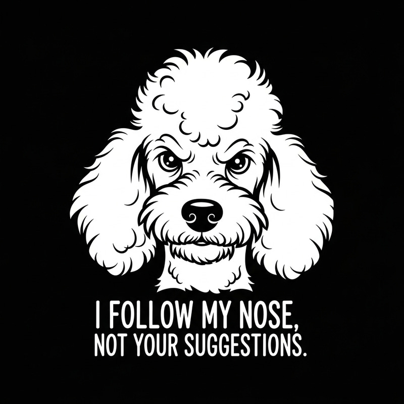 Whimsical Poodle Illustration with Playful Text on Retro Black Background Whimsical Poodle Illustration with Playful Text on Retro Black Background
