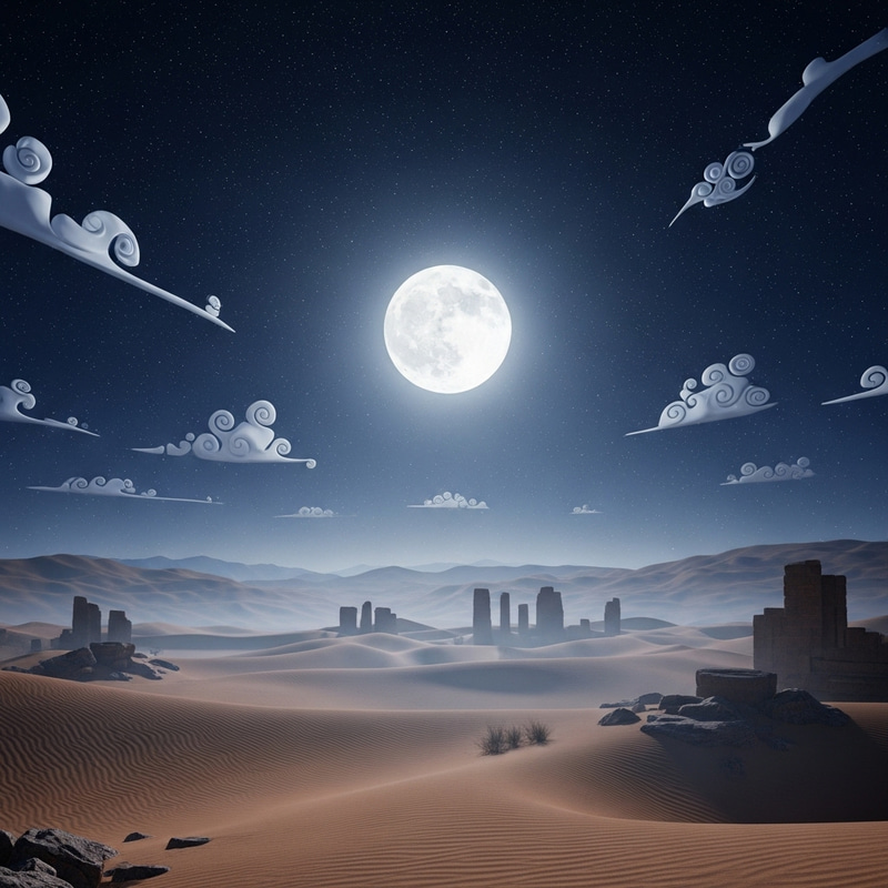 Anime Desert Night: Moon, Stars, Ruins, and Fog Anime Desert Night: Moon, Stars, Ruins, and Fog