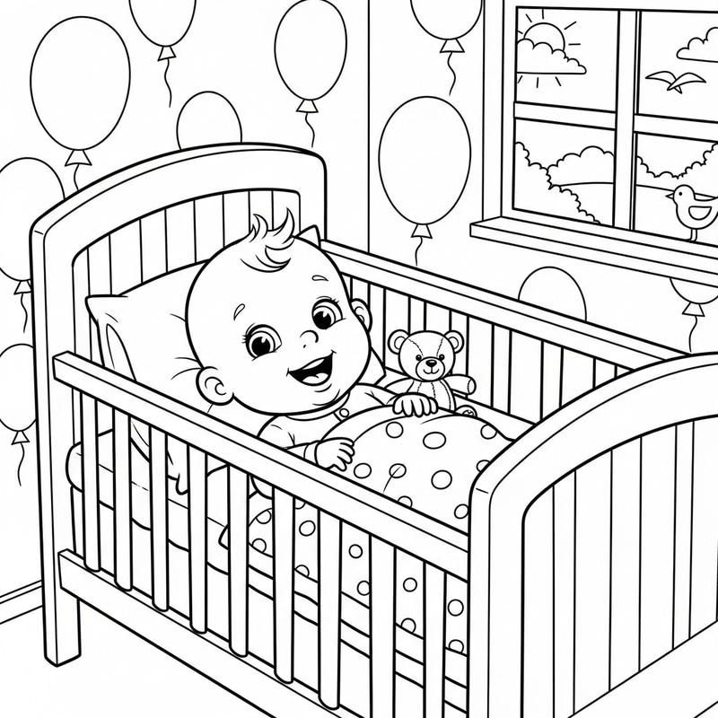 Happy Baby in a Crib Black and White Coloring Book Happy Baby in a Crib Black and White Coloring Book