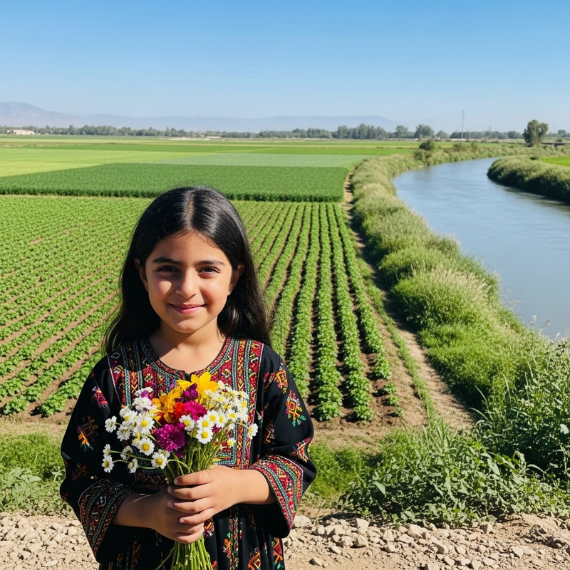 Happy Middle-Eastern Girl with Bouquet in Beautiful Green Farm
