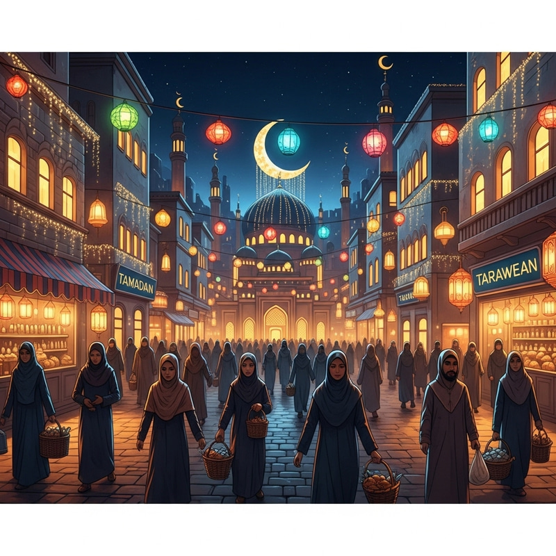 Ramadan Cityscape Adorned with Lanterns and Crescent Moon Ramadan Cityscape Adorned with Lanterns and Crescent Moon