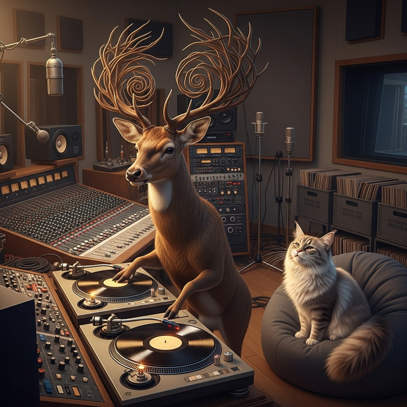 Deer DJ with Intricate Antlers Spinning Retro Turntables
