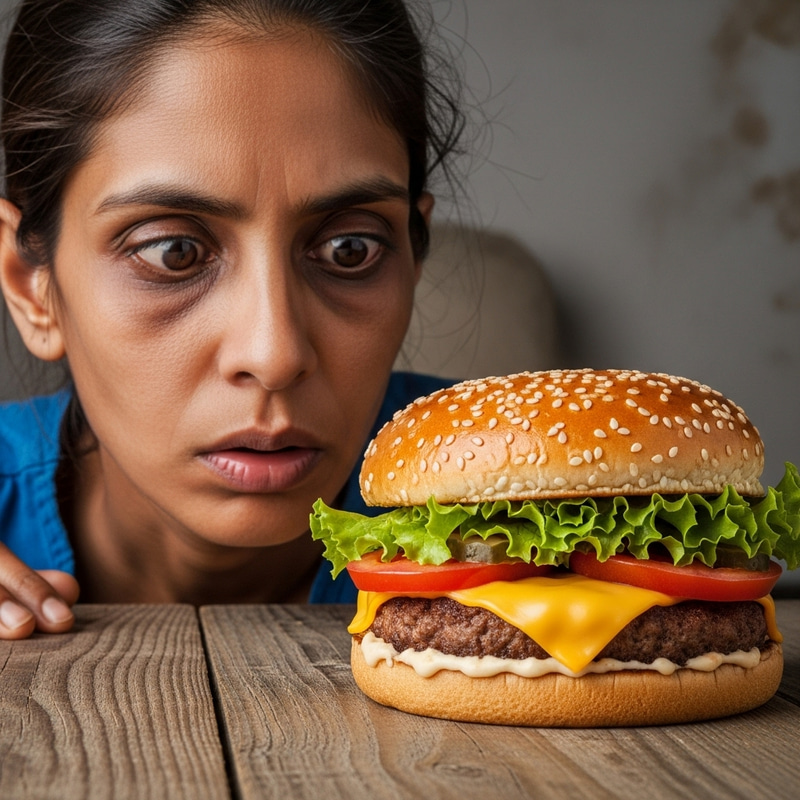 South Asian Woman with Big Eyes Craving Delicious Hamburger South Asian Woman with Big Eyes Craving Delicious Hamburger