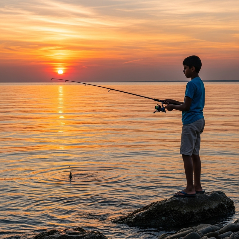 Boy Fishing on Rocks at Sunset | Summer Evening Scene Boy Fishing on Rocks at Sunset | Summer Evening Scene