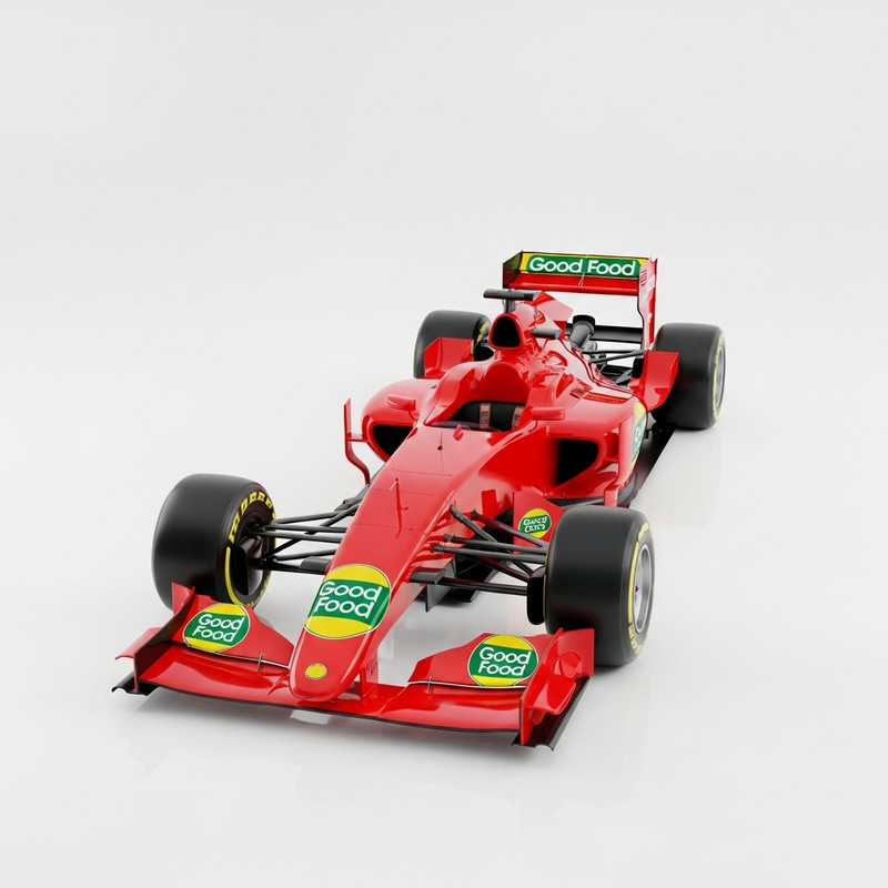 Red Formula 1 Car Against White Background | Good Food Logo