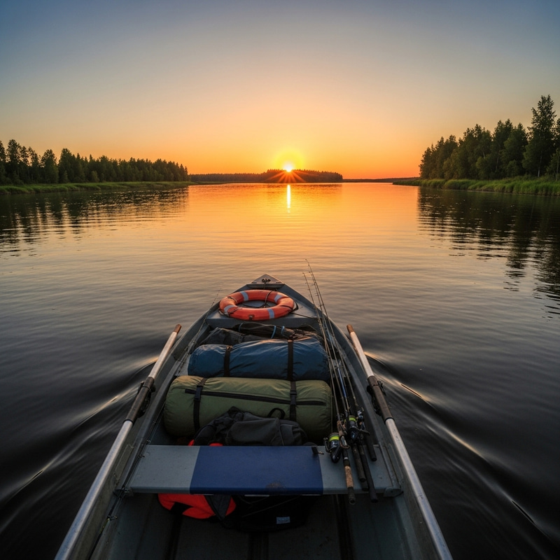 Tranquil River Sunset Adventure - Camping & Fishing Gear in Boat, Golden Hour Serenity Tranquil River Sunset Adventure - Camping & Fishing Gear in Boat, Golden Hour Serenity