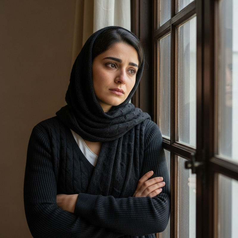 Contemplative Woman Standing by Window and Door Contemplative Woman Standing by Window and Door