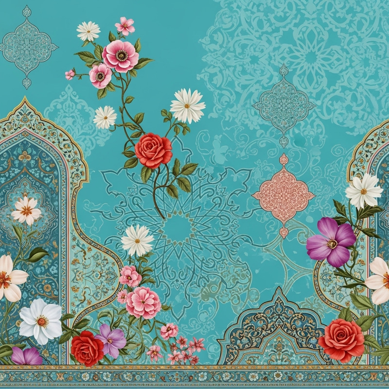 Blooms and Islamic motifs on Blue Background | Visual Harmony Blooms and Islamic motifs on Blue Background | Visual Harmony
