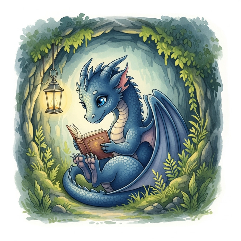 Tranquil Dragon Reading in Lush Cavern | Magical Watercolor Art