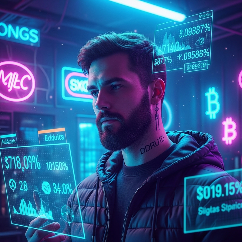 Cryptocurrency Enthusiast: Cyberpunk Bearded Man with DDRU1D Neck Tattoo