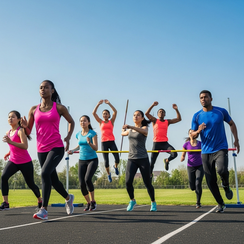 Diverse Co-ed Track and Field Team in Action Diverse Co-ed Track and Field Team in Action