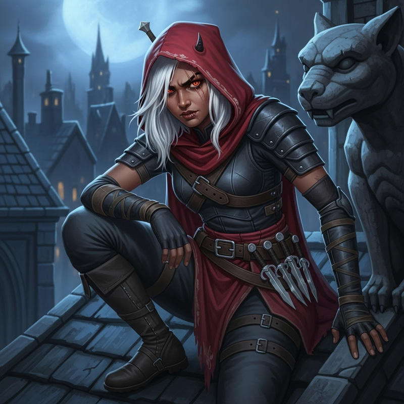 South Asian Half-Elf Girl: Moonlit Rooftop Illustration