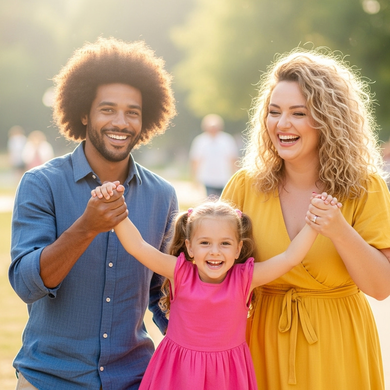 Joyful Afro-Light Man, Blonde Woman, and Daughter Smiling Joyful Afro-Light Man, Blonde Woman, and Daughter Smiling