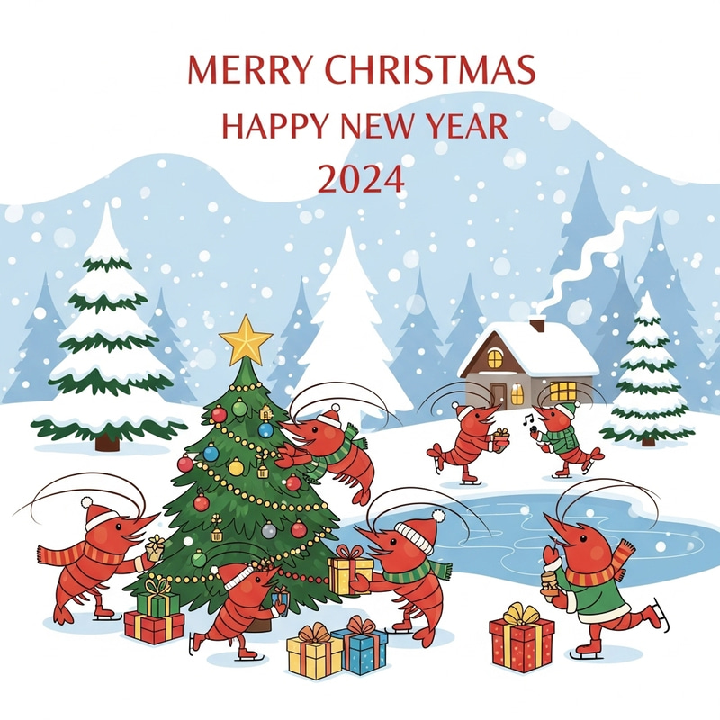 Cute Shrimp Family Celebration on Merry Christmas & Happy New Year 2024 Card Cute Shrimp Family Celebration on Merry Christmas & Happy New Year 2024 Card