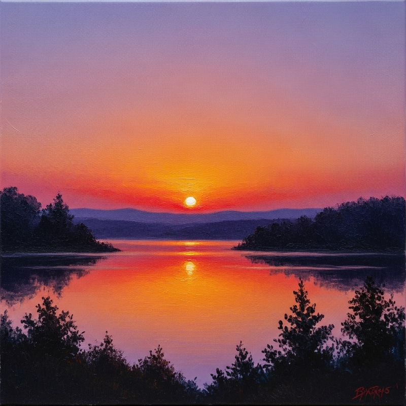 Tranquil Sunset Over Lake Painting in Impressionist Style Tranquil Sunset Over Lake Painting in Impressionist Style