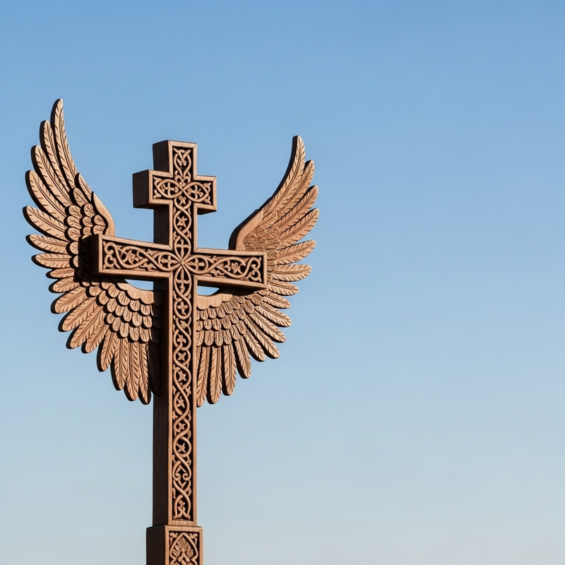 Tranquil Wood Cross with Cherubim Wings Against Blue Sky Tranquil Wood Cross with Cherubim Wings Against Blue Sky