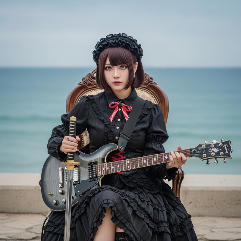 Beautiful Japanese Woman in Gothic Lolita Fashion with Electric Guitar Beautiful Japanese Woman in Gothic Lolita Fashion with Electric Guitar