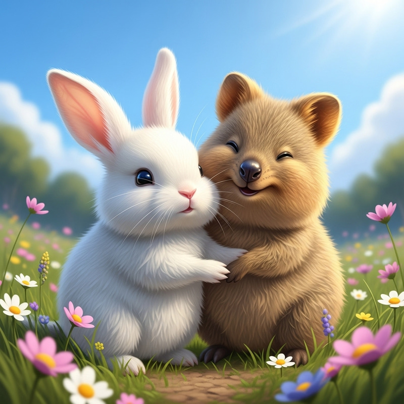 Adorable Rabbit and Quokka Embrace in Meadow Adorable Rabbit and Quokka Embrace in Meadow