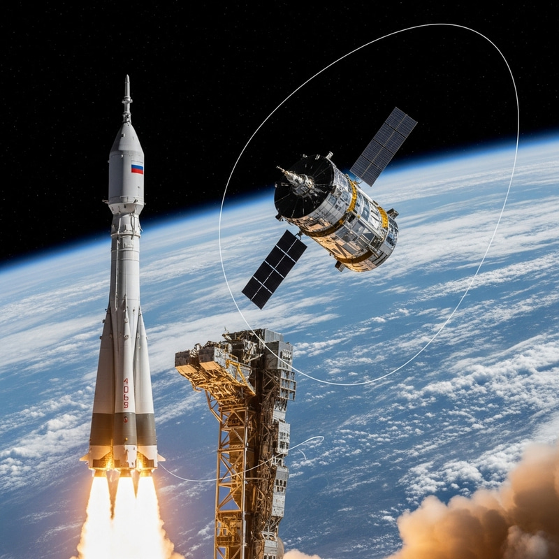 Russian Space Mission: Rocket Launch and Satellite in Earth's Orbit Russian Space Mission: Rocket Launch and Satellite in Earth's Orbit